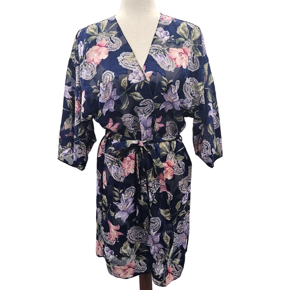 Vintage Women's Angelique Blue Floral & Paisley Medium Kimono Short Robe